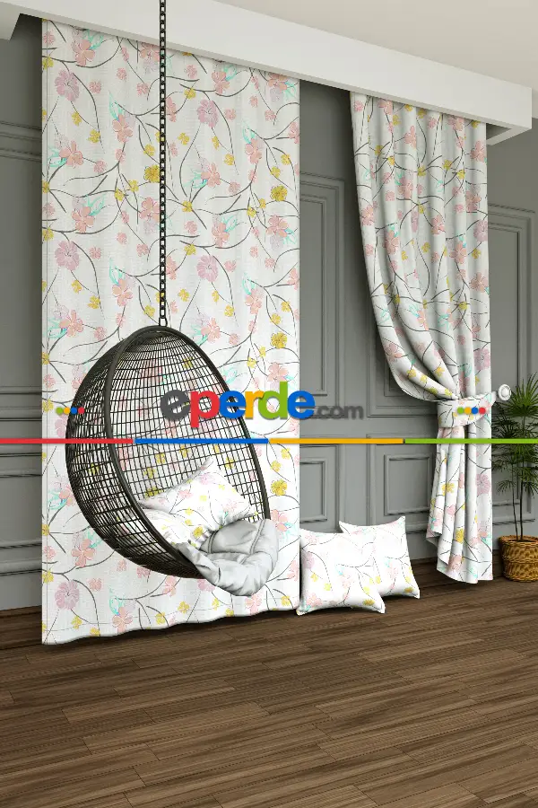 Salon - Rengarenk Çiçek Baskılı Fon Perde