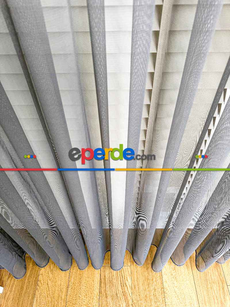Koyu Gri Grek Zemin Düz Tül Perde - Kurşunlu