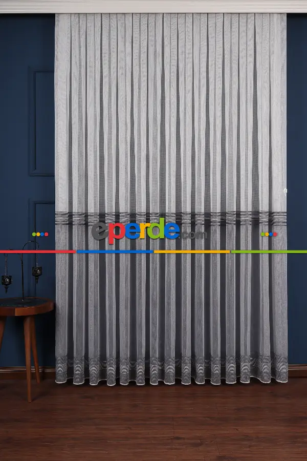 Yatak Odası - Ekru - Antrasit Gri Düz Tül Perde Ütü Istemez