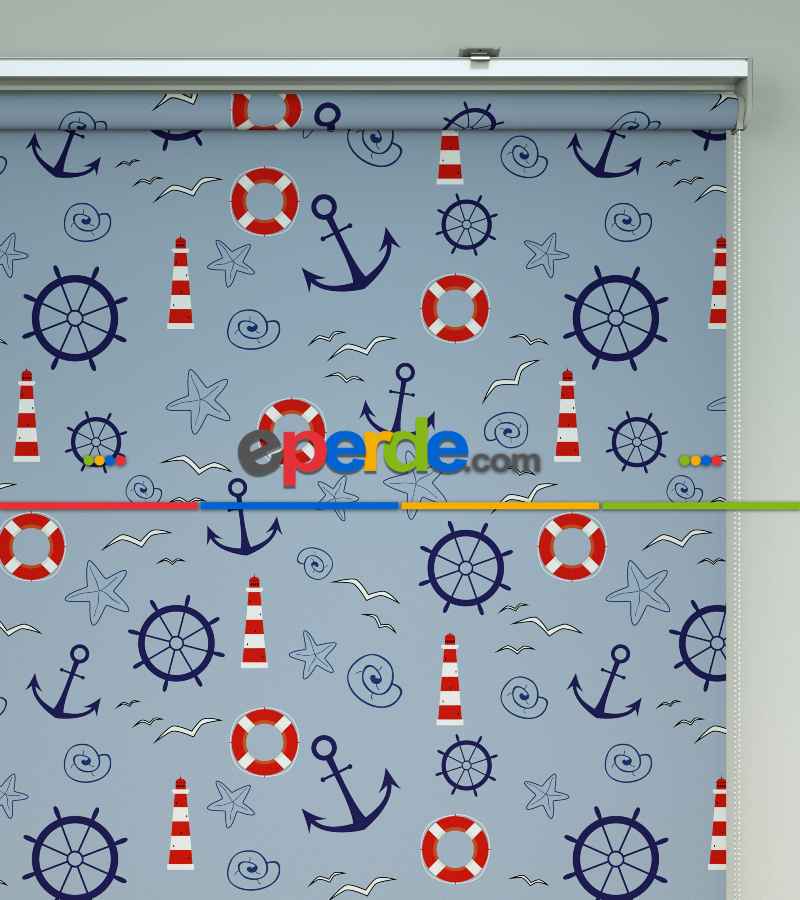 Çocuk Odası Stor Perde - Denizci Desenli Baskılı Stor Perde- Lacivert-Kırmızı
