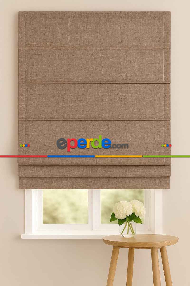 Katlamalı Tül Perde – Kahverengi Kalın Keten Dokulu Mekanizmalı Perde