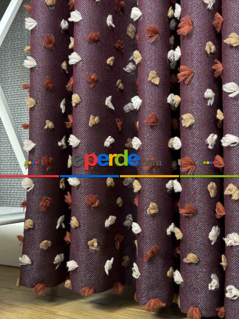 Oturma Odası - Bordo Ponponlu Jakar Dokuma, Premium Kalite Serisi Fon Perde