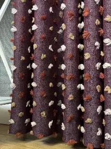 Oturma Odası - Bordo Ponponlu Jakar Dokuma, Premium Kalite Serisi Fon Perde