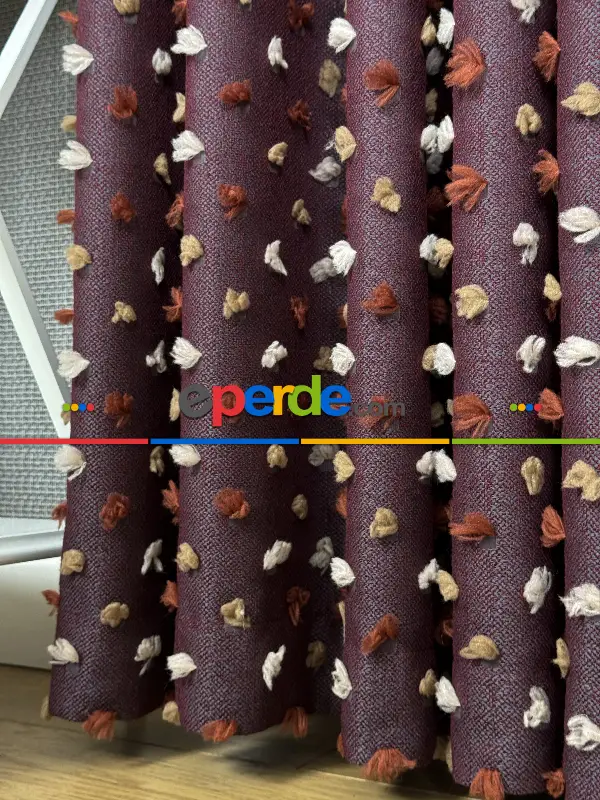 Yatak Odası - Bordo Ponponlu Jakar Dokuma, Premium Kalite Serisi Fon Perde