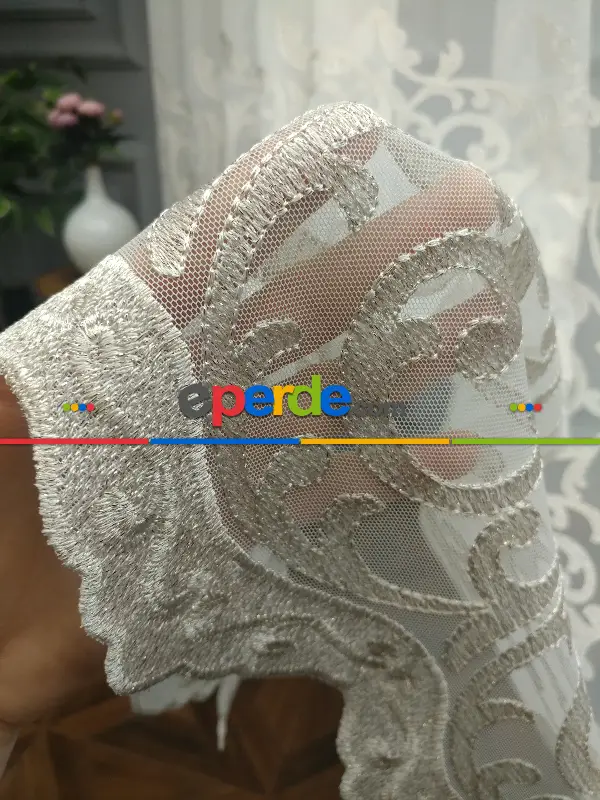 Salon Tül Perde - Eteği Duble Nakış İşlemeli Tül Perde Ikon 2021 -1- Krem