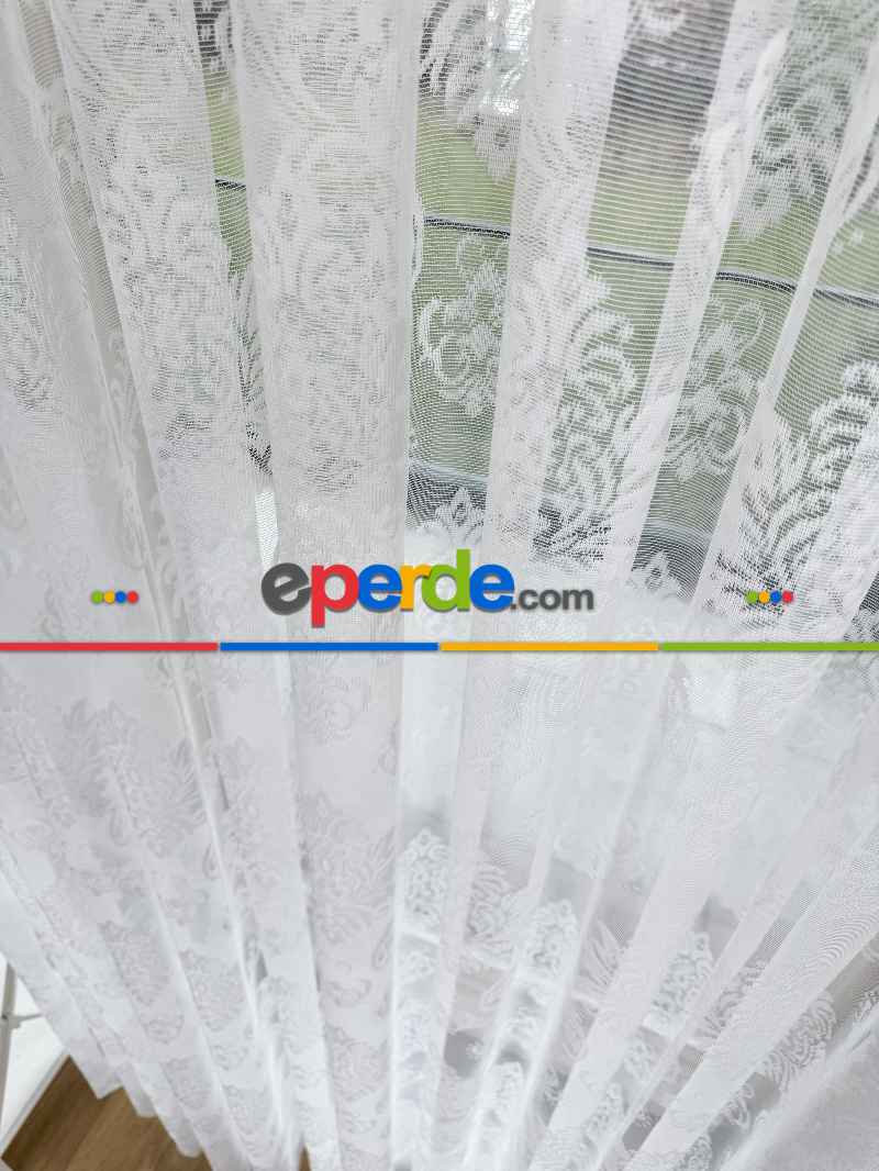 Oturma Odası - Damask Desenli Fransız Dantel Örme Tül Perde, Desenli Ütü İstemeyen Tül