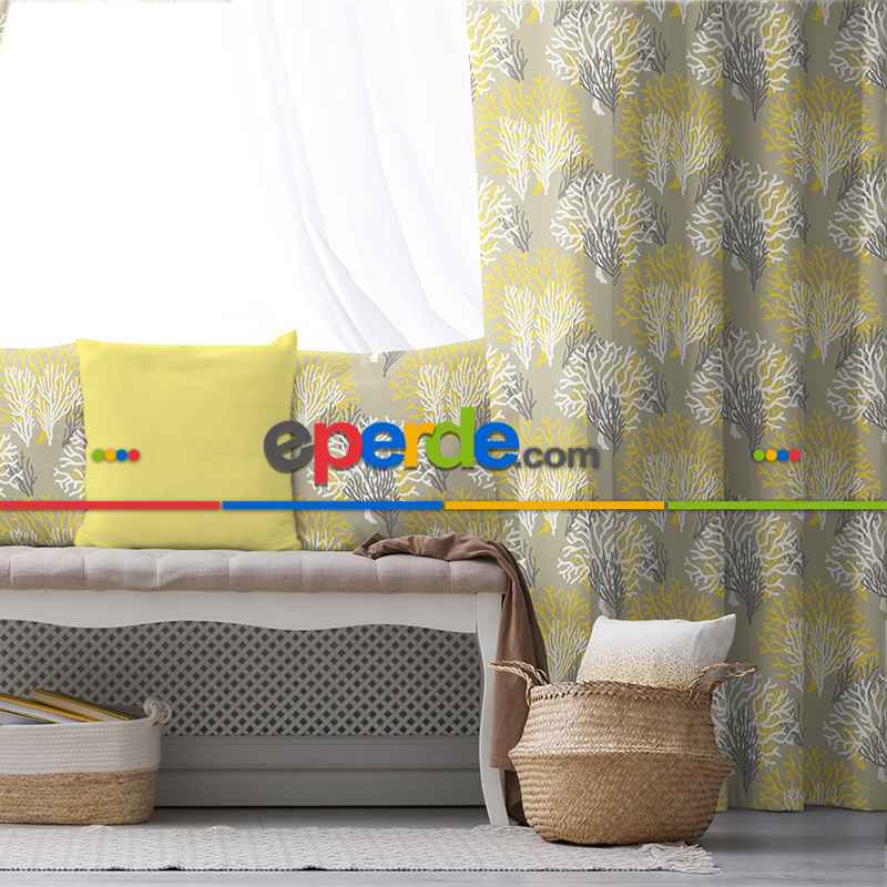 Mercan Desen Fon Perde Evim1080 Kumaşı Kalındır Duck Bezi Değildir- Mavi-beyaz