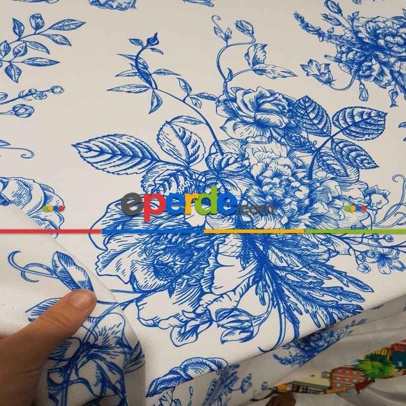 Mavi Mutfak Perdesi Kanat Fon Perde Çiçek Desenli- Lacivert