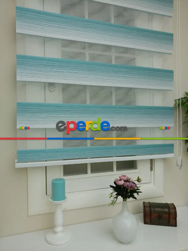 Salon Zebra Perde - Zebra Perde -turkuaz Geçişli Pileli Zebra (kalın Doku Zeminli)- Turkuaz Yeşili Ara Renk