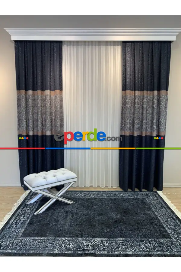 Yatak Odası Fon Brilant Fon Perde Dantella Moda Yeni Tasarım Lacivert Renk Fon Perde