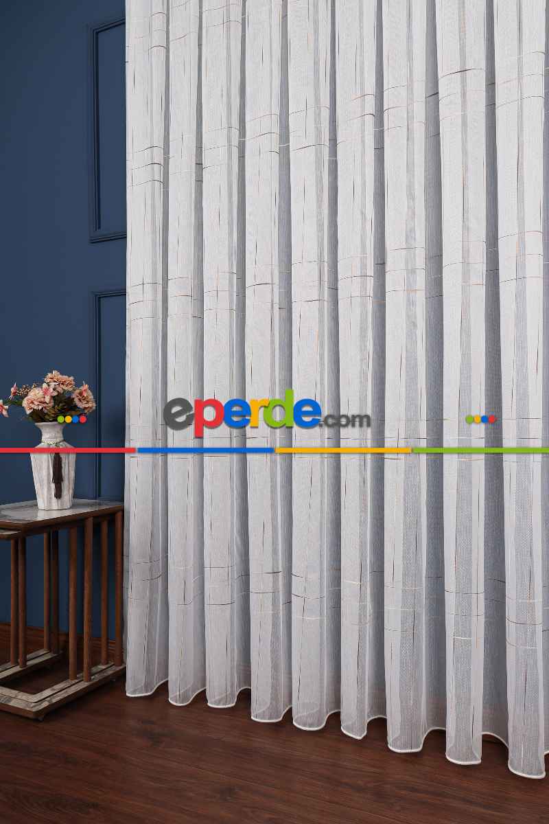 Salon Tül - Bambu Zemin Geometri Nakış İşlemeli Tül Perde