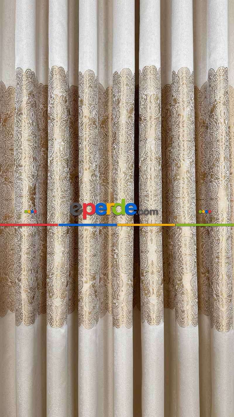 Krem Altın Fon Perde, Damask Desenli