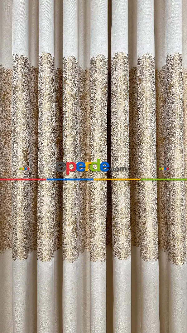 Krem Altın Fon Perde, Damask Desenli