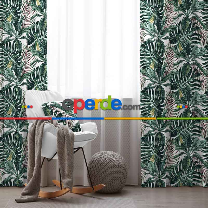 Yapraklı Fon Perde Evim1089 Kumaşı Kalındır Duck Bezi Değildir- Mavi-beyaz