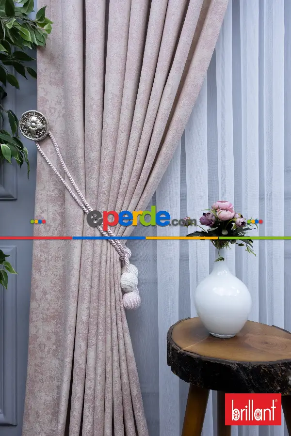 Patinedesenli Brillant Jakar Fon Perde(dökümlü Fon )- Bej-pudra