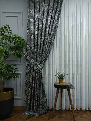 Patinedesenli Gri Jakar Fon Perde (180)- Gri-füme-antrasit