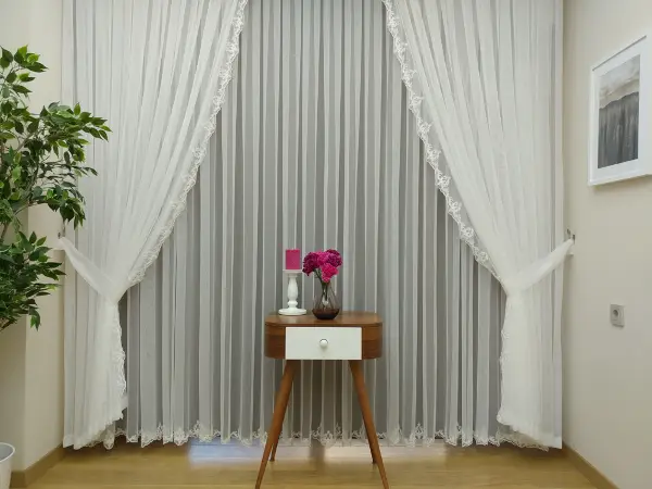 Fansız Dantel Fon Perde Etek Ucu Kortlu Nakış (güpür ) İşlemeli - 3 İçindeki Tül Kodu #22169- Ekru