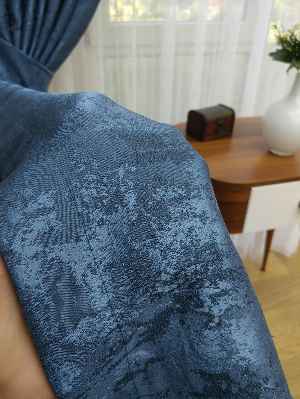 Patinedesenli Lacivert - Katyonik Jakar Fon Perde- Lacivert