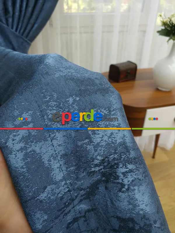 Patinedesenli Lacivert - Katyonik Jakar Fon Perde- Lacivert