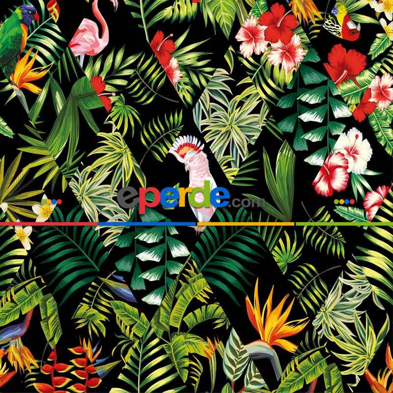 Tropikal Desenli Fon Perde Evm224 -t - Kumaşı Kalındır Duck Bezi Değildir.- Siyah-Yeşil-Mavi-Çok Renkli