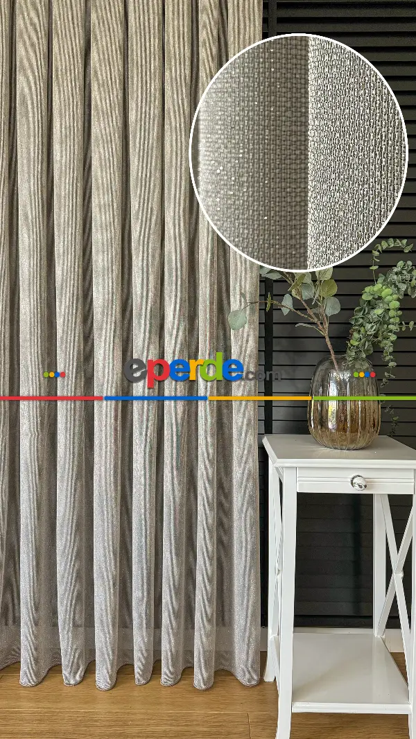 Salon - Gold Altın Keten Gümüş Simli Tül Perde - Ağır Gramajlı Premium