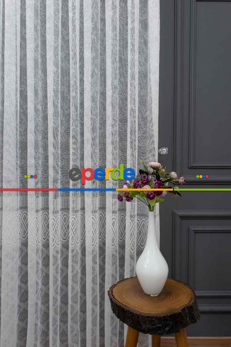 Eteği Bantlı Örme Tül - Ekru Renk Yüksek Kalite