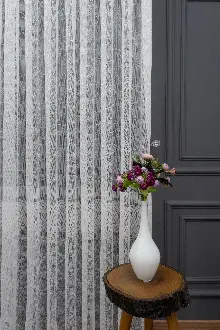 Eteği Bantlı Örme Tül - Ekru Renk Yüksek Kalite