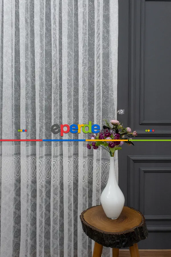 Eteği Bantlı Örme Tül - Ekru Renk Yüksek Kalite