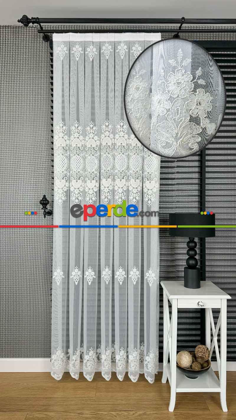 Ekru Özel Dokuma, Özel İplik Hafif Simli Brode İşlemeli Tül Perde - Ağır Gramajlı Premium Nakışlı