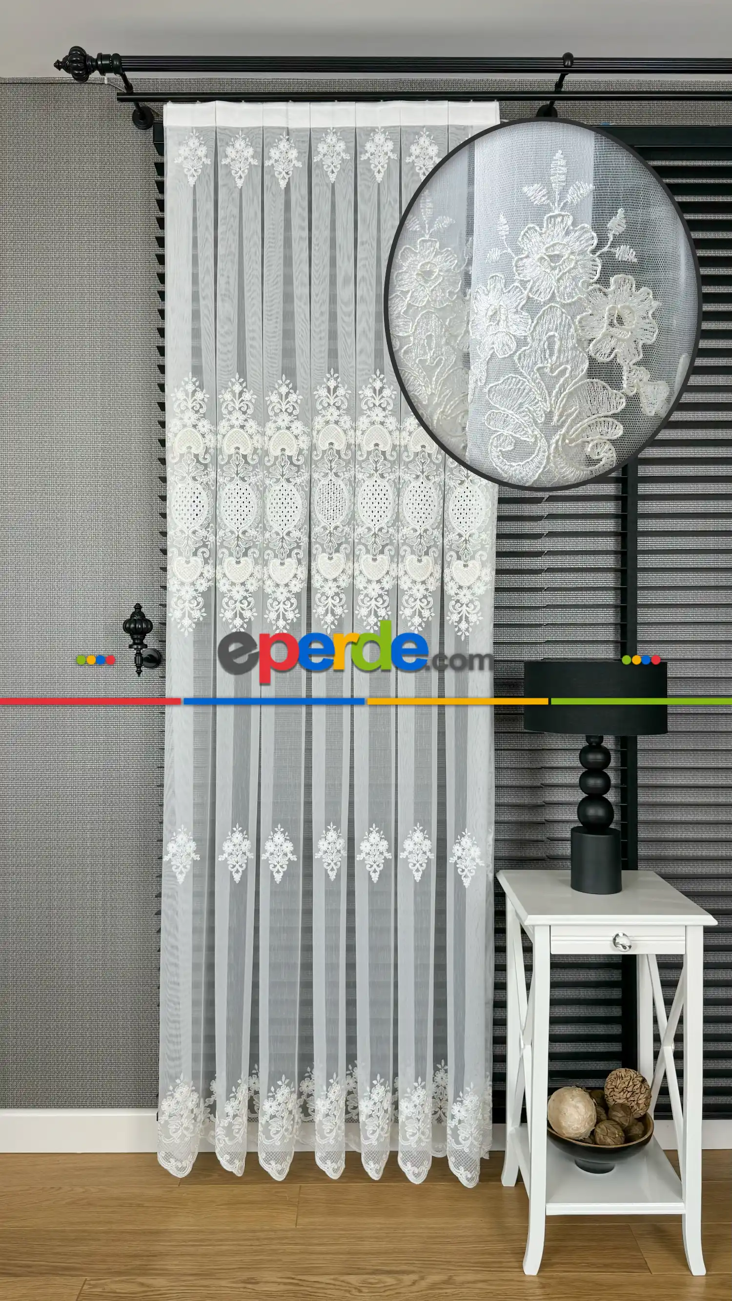 Ekru Özel Dokuma, Özel İplik Hafif Simli Brode İşlemeli Tül Perde - Ağır Gramajlı Premium Nakışlı