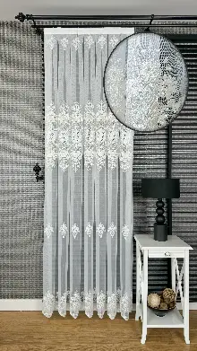 Ekru Özel Dokuma, Özel İplik Hafif Simli Brode İşlemeli Tül Perde - Ağır Gramajlı Premium Nakışlı