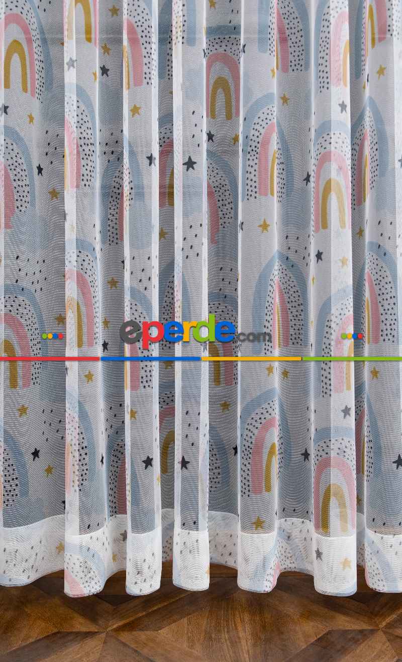 Petek Zemin Mavi Pembe Renkli Gökkuşağı Desenli Grek Baskılı Tül Perde