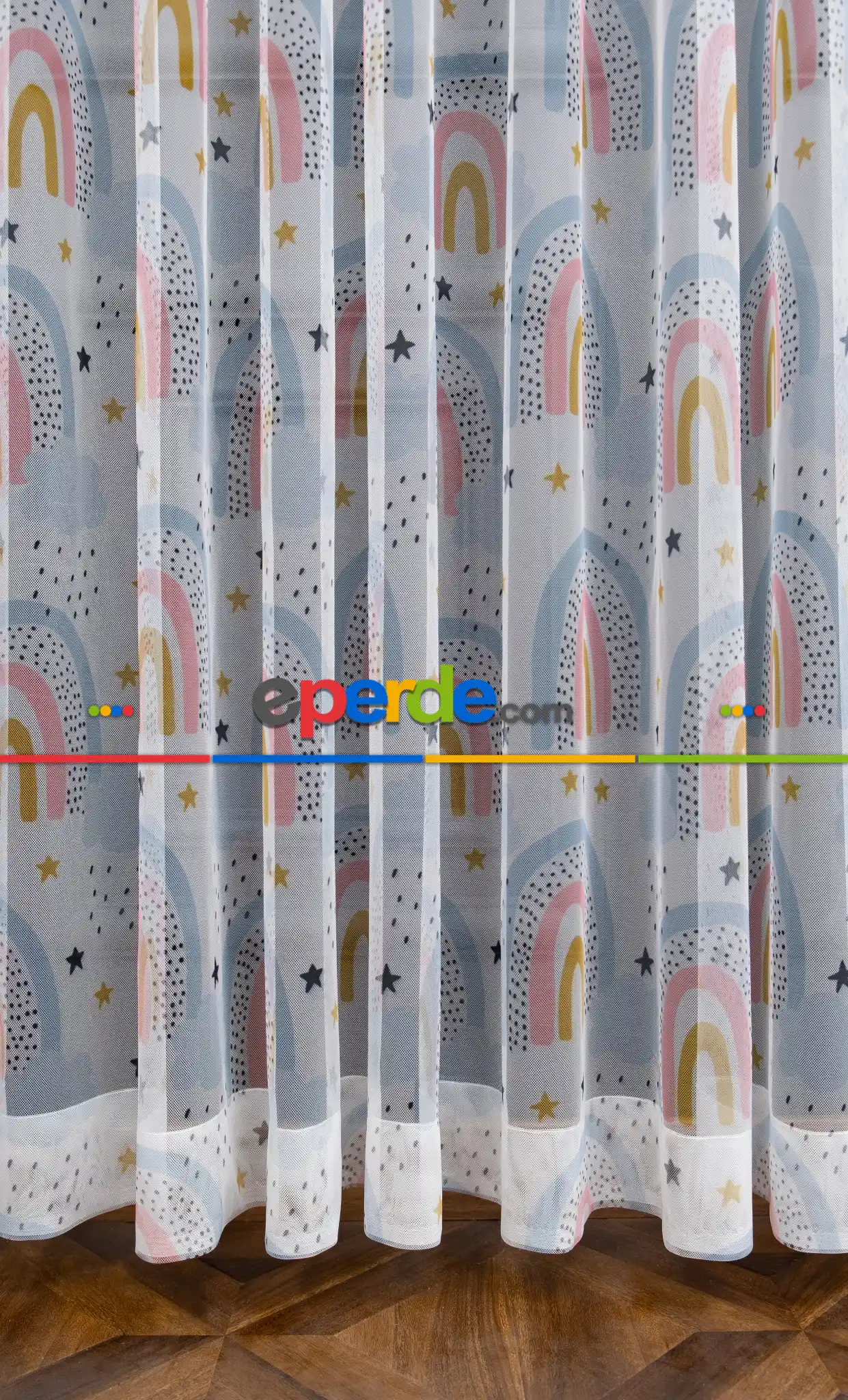 Petek Zemin Mavi Pembe Renkli Gökkuşağı Desenli Grek Baskılı Tül Perde