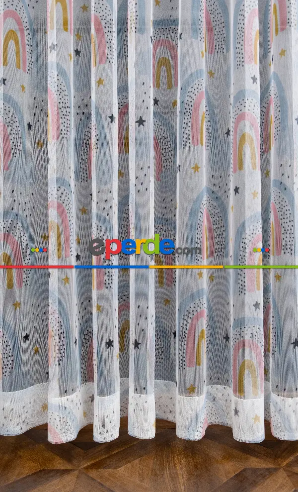 Kız Çocuk Odası Tül Perde - Mavi Pembe Renkli Gökkuşağı Desenli Tül Perde