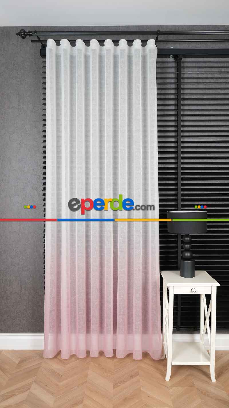 Keten Ekru Pembe Degrade Geçişli Tül Perde, Ağır Gramajlı Premium Seri, Eteği Kurşunlu