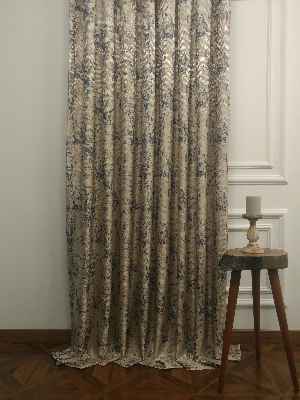 Salon - Desenli Jakar Fon Perde- Lacivert-açık Camel