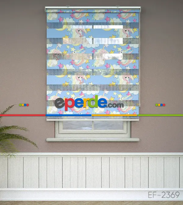 Unicorn Desenli Baskılı Zebra Perde- Çok Renkli