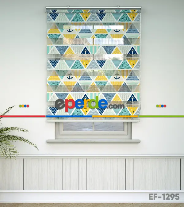 Bebek Odası Zebra Perde - Çapa Desen Baskılı Zebra Perde- Mavi-Sarı-Beyaz-Su Yeşili