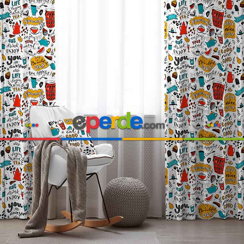 Mutfak Gereçleri Desenli Fon Perde Evim919 Kumaşı Kalındır Duck Bezi Değildir- Mavi-beyaz