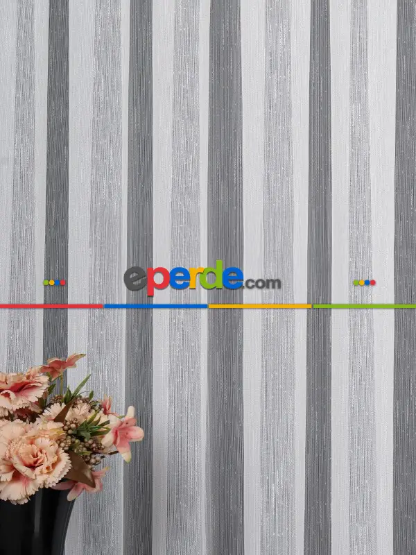 Bambu Zemin Noktalı Ve Çizgili Simli Düz Tül Perde Gramajlı