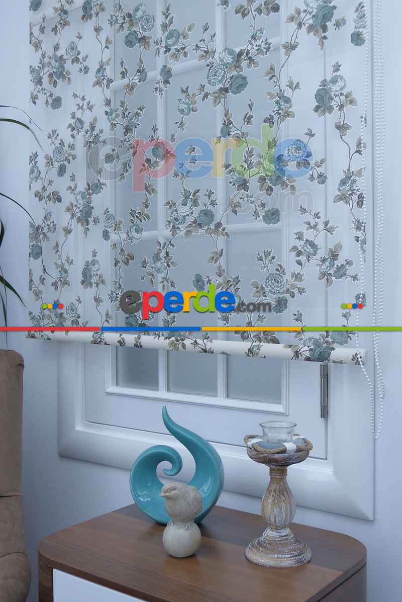 Çiçek Desenli Yakma Tül Çiftli Sistem İkili Perde Turkuaz- Turkuaz