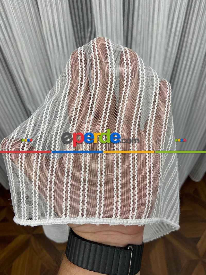 Zincir Tül Boyuna Çift Çizgili Sakallı Tül- Ekru - Kurşunlu Tül