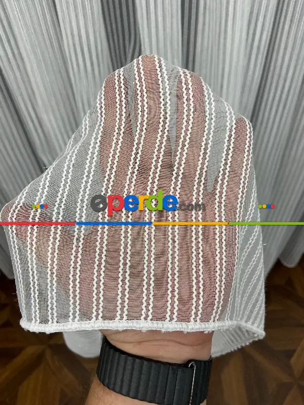 Yatak Odası - Zincir Tül Boyuna Çift Çizgili Sakallı Tül- Ekru