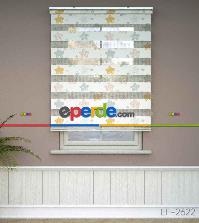 Yıldız Desenli Baskılı Zebra Perde- Çok Renkli