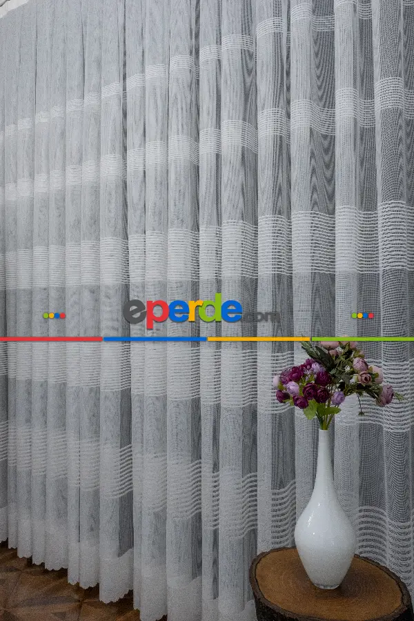 2022 Model Ekru Çizgi Desenli Örme 1.sınıf Kalite Tül Perde