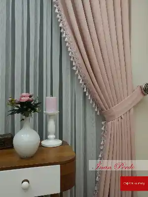 Pudra Pembe Renk Saçaklı Fon Perde- Pembe Açık