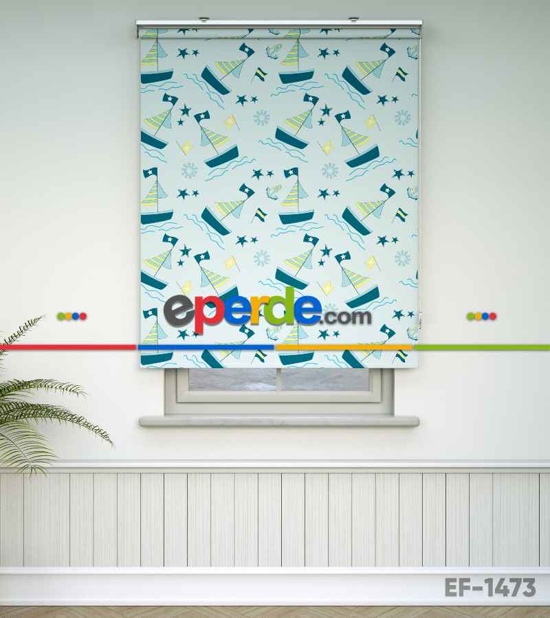 Bebek Odası - Denizci Desenli Baskılı Stor Perde- Yeşil-Çok Renkli