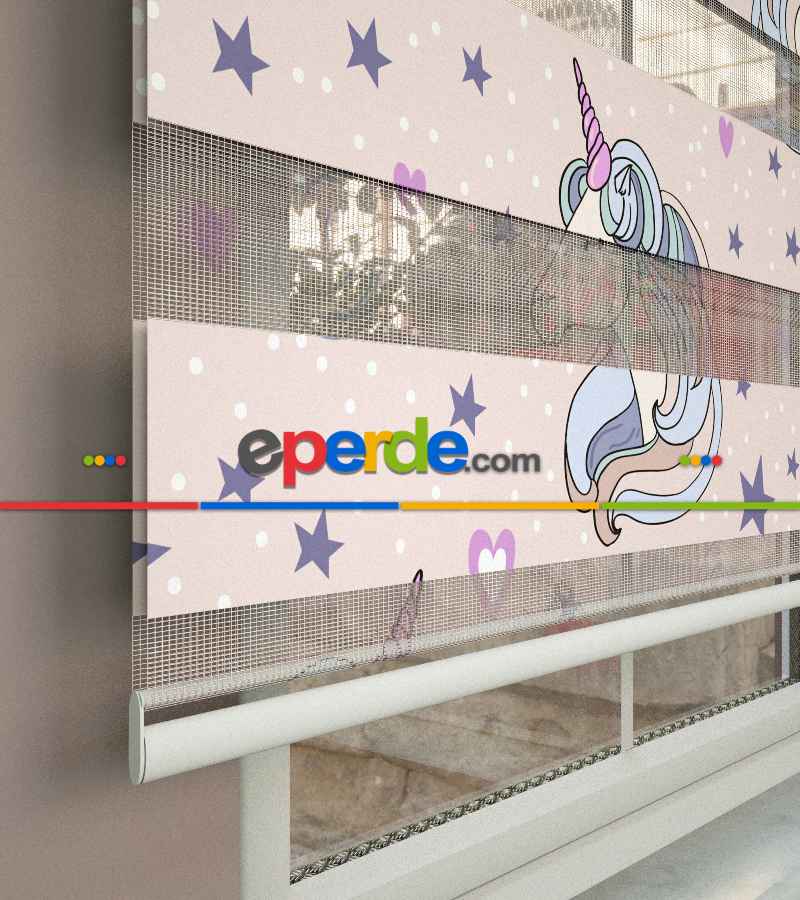 Unicorn Desenli Baskılı Zebra Perde- Çok Renkli