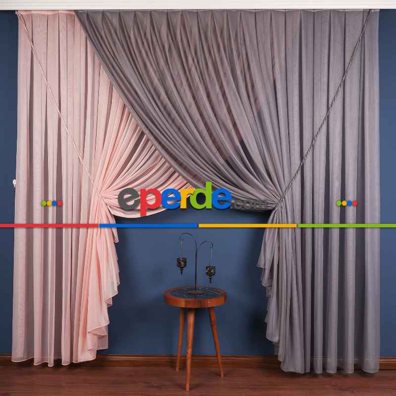 Gri - Pudra Renkli Krevize Düz Tül Perde ( Kordon Hediyeli )