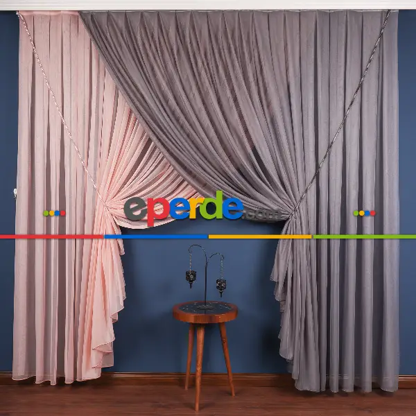 Gri - Pudra Renkli Krevize Düz Tül Perde ( Kordon Hediyeli )